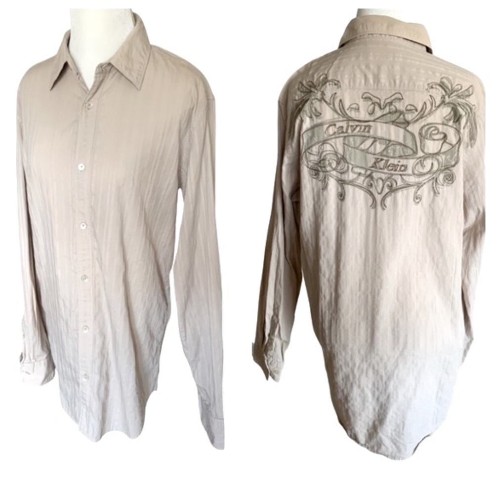 Men’s Calvin Klein Cream Embroidered Modern Fit Cotton Button Down Shirt Y2K